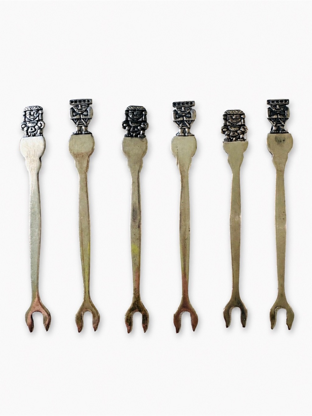 Mid-Century Alpaca Silver Cocktail Forks – Peruvian Inca Figural Set of 13